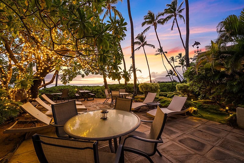 Garden patio at twilight with string lights